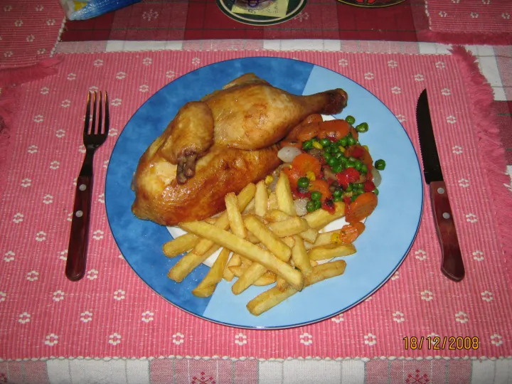 Brathenderl mit Röstgemüse & Pommes