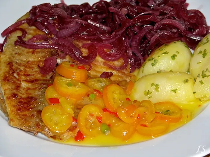 Tilapiafilets mit Kumquats und Zwiebelconfit
